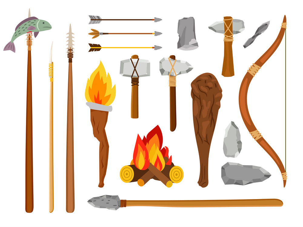Cartoon stone age tools. Primitive caveman elements isolated on white background, prehistoric savage tools stone ax, fire and mace vector illustration