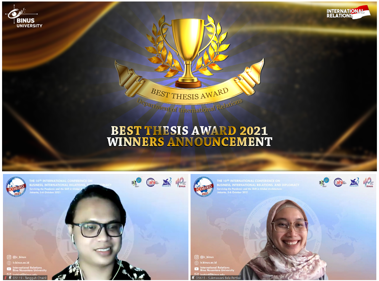 Tangguh Chairil, S.Sos., M.Si. (Han), M.Si. dan Sukmawani Bela Pertiwi, S.I.P., M.A. selaku MC IR Best Thesis Award 2021